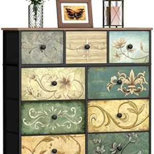 Dresser with Drawers for Bedroom Chest of Drawers Fabric Dresser for Closet,Nursery Entryway Hall Tree TV Stand for Living Room Retro Floral Pattern Drawers Wooden Top (9 Drawers)