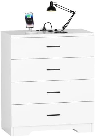 Dresser with Power Outlets Wooden 4 Drawer Dresser with USB and Type C Port Chest of Drawers for Bedroom Tall White Dresser Storage for Living Room Hallway Closet