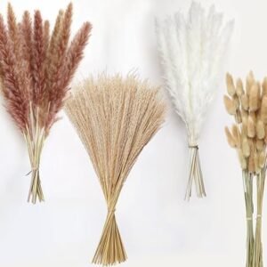 Dried Pampas Grass, Boho Decor 130PCS Natural Reed Phragmites Grass + Brown & White Pampas Grass + Bunny Tails Flowers Bouquet for Wedding Floral Arrangements Home Table Wall, Rustic Farmhouse Party