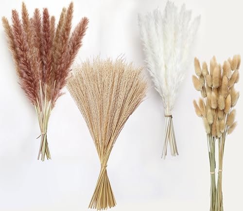 Dried Pampas Grass, Boho Decor 130PCS Natural Reed Phragmites Grass + Brown & White Pampas Grass + Bunny Tails Flowers Bouquet for Wedding Floral Arrangements Home Table Wall, Rustic Farmhouse Party