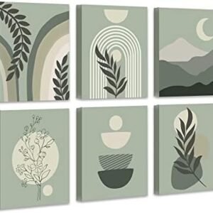 Drsoum Green Boho Wall Art Mid-Century Modern Wall Decor Canvas 𝗙𝗿𝗮𝗺𝗲𝗱 Print Minimalist Botanical Abstract Geometric Aesthetic Neutral Boho Room Decor for Bedroom Living Room Bathroom 8"x10" Set of 6