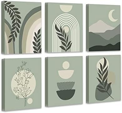 Drsoum Green Boho Wall Art Mid-Century Modern Wall Decor Canvas 𝗙𝗿𝗮𝗺𝗲𝗱 Print Minimalist Botanical Abstract Geometric Aesthetic Neutral Boho Room Decor for Bedroom Living Room Bathroom 8"x10" Set of 6