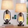 EDISHINE 21.65" Farmhouse Table Lamp Set of 2, Bedside Lamp with 3W 2700K LED Glass Lantern Night Light, A+C USB Ports, Rustic Nightstand Lamp for Living Room, Bedroom