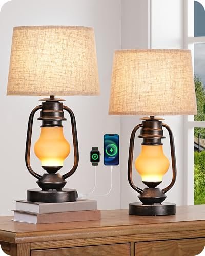 EDISHINE 21.65" Farmhouse Table Lamp Set of 2, Bedside Lamp with 3W 2700K LED Glass Lantern Night Light, A+C USB Ports, Rustic Nightstand Lamp for Living Room, Bedroom