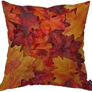 EKOBLA Maple Leaves Throw Pillow Cover Orange Autumn Harvest Red Forest Tree Seasonal Thanksgiving Cozy Square Cushion Case for Men Women Boys Girls Room Home Decor Cotton Linen 18x18 Inch