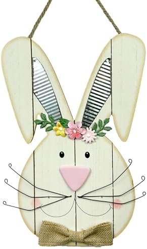 Easter Bunny Decorations for Front Door Decor, Cute Wooden Rabbit Sign Easter Wall Hanging Plaque Art, Hanger for Home Outdoor Porch Spring Indoor Garden