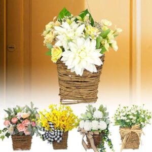 Easter Decorations Artificial Flower Wreaths with Hanger Basket, Spring Wreaths for Front Door Hydrangea Front Porch Decor Farmhouse Artificial Flowers Seasonal Welcome Sign Front Door Basket Wreath