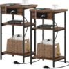 End Table with Charging Station, Set of 2, 3 Tier Storage Bed Side Table with USB Port & Outlet, Nightstand for Living Room, Narrow Side Table, Rustic Brown and Black ET15201B