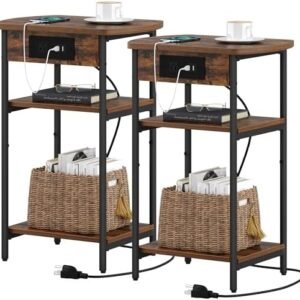 End Table with Charging Station, Set of 2, 3 Tier Storage Bed Side Table with USB Port & Outlet, Nightstand for Living Room, Narrow Side Table, Rustic Brown and Black ET15201B