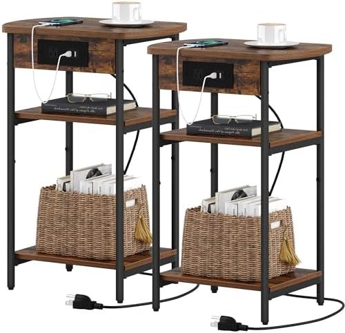 End Table with Charging Station, Set of 2, 3 Tier Storage Bed Side Table with USB Port & Outlet, Nightstand for Living Room, Narrow Side Table, Rustic Brown and Black ET15201B