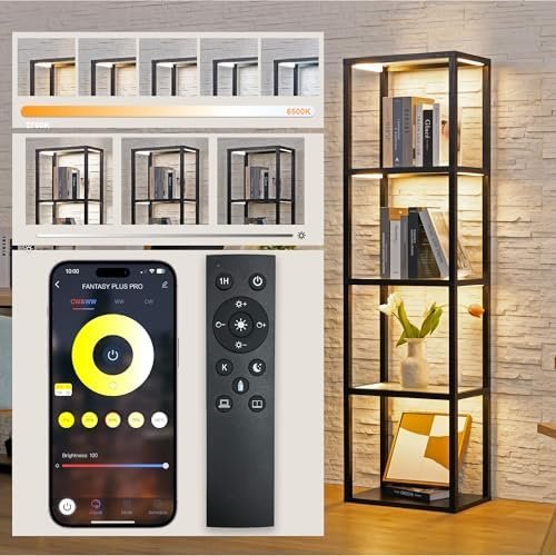 FENLO Fantasy Plus Pro - 66" Glass Display Shelf Lamp with Remote/App Control, Dimmable LED Floor Lamp with Shelves, Open Display Cabinet, Color Temp Control (2700K-6000K), Home Decor