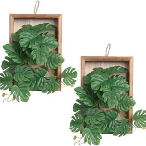 FOTEEWL 2 Pcs Artificial Plants Wall Hanging Decor - Faux Monstera Leaves in Solid Wood Frames for Boho，Bathroom，Farmhouse，Bedroom，Kitchen，Office ，Home Decorations