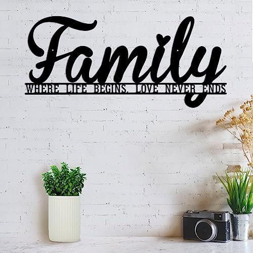 Family Wall Decor Black Metal Family Signs for Home Decor Wall Wrought Iron Wall Decor Family Wall Art Cut Out Plaque Decorations for Farmhouse Living Room Kitchen Dining Room Bedroom -16.5"X7.5"