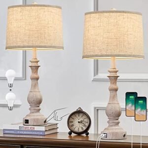 Farmhouse Table Lamp for Living Room 3-Way Dimmable Touch Bedside Lamps Set of 2 with USB Charging Ports Traditional Table Lamp for Bedroom Home Office Washed White 27.5" LED Bulbs Included