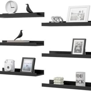 Floating Shelves Set of 6, Black Wall Shelves with Lip, Display Shelves for Wall Decor, Modern Picture Ledge for Living Room, Bedroom, Nursery, Bathroom, Pictures, Books, Plants- Black