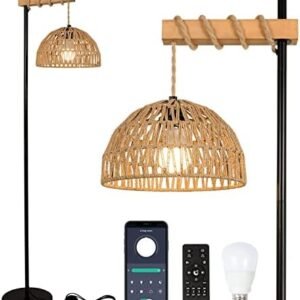 Floor Lamp for Living Room with 3 Color Temperatures and Stepless Dimmer, Smart Floor Lamp with Remote Control & APP, Tall Standing Lamp with Rattan Lampshade, Farmhouse Floor Lamps for Bedroom Office