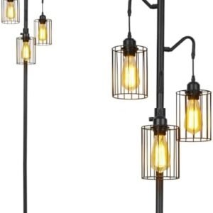 Floor Lamps for Living Room, 3-Lights Dimmable Farmhouse Industrial Floor Lamp, Rustic Vintage Tree Corner Tall Lamps, Standing Lamp for Bedroom, Office. E26(Not Included) Black, 69 inches