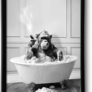 Framed Bathroom Decor Wall Art, Chimpanzee in Bathtub, Black and White Wall Art, Funny Bathroom Wall Decor Signs, Cute Animal Art for Bathroom (Framed,8''x10'')