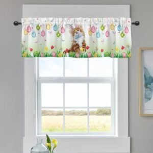 Funny Easter Bunny Cat Egg Curtains Valance for Windows, Green Spring Holiday Butterfly Tulip Daffodil Flower Short Topper Rod Pocket, Seasonal Home Living Room Bedroom Decor 54" x 18"