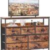 Furologee TV Console Table, TV Stand with 7 Storage Drawer, Sofa Table with 2-Tier Shelves, Entertainment Center for 45" TV, Storage Fabric Drawer Unit for Bedroom, Living Room, Entryway, Rustic Brown