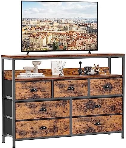 Furologee TV Console Table, TV Stand with 7 Storage Drawer, Sofa Table with 2-Tier Shelves, Entertainment Center for 45" TV, Storage Fabric Drawer Unit for Bedroom, Living Room, Entryway, Rustic Brown