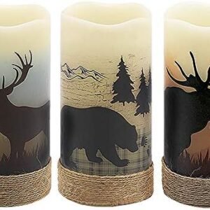 GenSwin Flameless Flickering Led Candles with Hemp Rope and 6H Timer, Battery Operated Set of 3 Real Wax Pillar Rustic Candles Warm Light with Deer, Moose, Bear Decals Decor Christmas Home(D3 x H6)