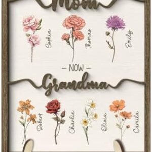 Giantbighands Mothers Day Gifts For Mom, Grandma Gifts, Customized Birth Month Flower Wood Plaque With Stand, Personalized Grandma Birthday Gifts From Grandkids, Mom Nana Gigi Gifts From Daughter Son