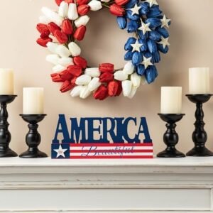 Glitzhome America Table Decor 14”L Wood Patriotic Tabletop Display Word Table Sign Farmhouse Americana Cutout Table Centerpiece for National Day Independence Day 4th of July Veteran Day