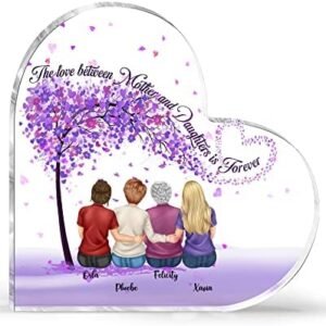 Gossby Personalized Heart-shaped Acrylic Mom Plaque - Custom Gifts For Mom With Design, Name - Mom Gifts For Mother Day, Christmas, Birthday - Home Decor - The love Between Is Forever - 3 Daughters