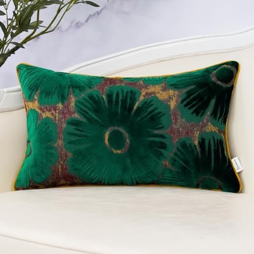 Green Farmhouse Flower Lumbar Throw Pillow Cover Floral Velvet Cushion Case Modern Jacquard Oblong Pillowcase for Sofa Couch Bedroom Living Room Home Decor, 12x20 Inch