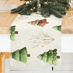 Green Tree Merry Christmas Table Runner, Seasonal Winter Xmas Holiday Party Kitchen Dining Table Decoration for Indoor Outdoor Home Decor 72 Inch (Christmas Trees, 13×72)