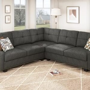 HONBAY Convertible Sectional Sofa, L Shaped Couch, Reversible 4 Seat Corner Sofa for Small Apartment,Dark Grey