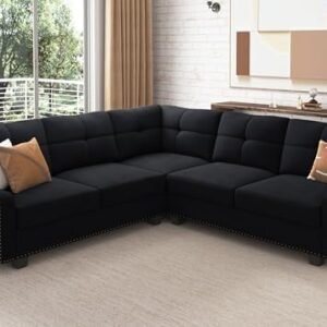 HONBAY Convertible Sectional Sofa Velvet L Shaped Couch Reversible 4 Seat Corner Sofa for Small Apartment,Velvet Black