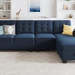 HONBAY L Shaped Sectional Couch Velvet 4-Seater Sectional Sofa with Reversible Chaise for Living Room, Dark Blue