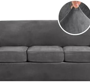 H.VERSAILTEX 4 Pieces Thick Velvet Sofa Covers Couch Covers for 3 Cushion Couch Sofa High Stretch Slipcovers Furniture Protector Form Fit Luxury Couch Cover for Dogs Width Up to 90 Inch(Sofa,Grey)