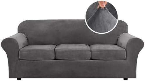 H.VERSAILTEX 4 Pieces Thick Velvet Sofa Covers Couch Covers for 3 Cushion Couch Sofa High Stretch Slipcovers Furniture Protector Form Fit Luxury Couch Cover for Dogs Width Up to 90 Inch(Sofa,Grey)