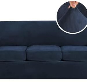 H.VERSAILTEX Modern Velvet Plush 4 Piece High Stretch Sofa Slipcover Sofa Cover Furniture Protector Form Fit Luxury Thick Velvet Sofa Cover for 3 Cushion Couch Width Up to 90 Inch (Sofa,Navy)