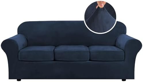 H.VERSAILTEX Modern Velvet Plush 4 Piece High Stretch Sofa Slipcover Sofa Cover Furniture Protector Form Fit Luxury Thick Velvet Sofa Cover for 3 Cushion Couch Width Up to 90 Inch (Sofa,Navy)