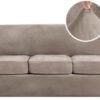 H.VERSAILTEX Modern Velvet Plush High Stretch Sofa Slipcover Furniture Protector Form Fit Luxury Thick Sofa Cover for 3 Cushion Couch, Machine Washable Width Up to 90 Inch (Sofa,Taupe), 4 Piece