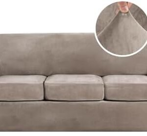 H.VERSAILTEX Modern Velvet Plush High Stretch Sofa Slipcover Furniture Protector Form Fit Luxury Thick Sofa Cover for 3 Cushion Couch, Machine Washable Width Up to 90 Inch (Sofa,Taupe), 4 Piece