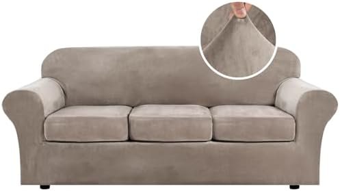 H.VERSAILTEX Modern Velvet Plush High Stretch Sofa Slipcover Furniture Protector Form Fit Luxury Thick Sofa Cover for 3 Cushion Couch, Machine Washable Width Up to 90 Inch (Sofa,Taupe), 4 Piece