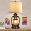 Hamucd Rustic Table Lamps for Living Room Single Lantern Bedside Lamps with Oatmeal Tapered Drum Shades for End Table Bedroom Nightstand Hotel with 2 USB Ports and One AC Outlet