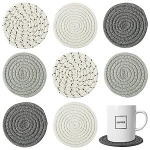 Handmade Woven Drink Coasters, 8 Pcs BOHO Coasters for Home Decor, Absorbent Farmhouse Cotton Table Coasters for Kinds of Cups New House Gift(4.3in, Dark Grey)