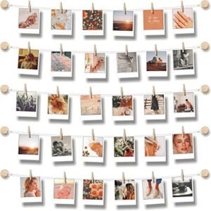 Hanging Photo Display Room Wall Decor - Sculptural Picture Frames Collage - 5 Strings with 30 Clips - 3M Self Adhesive Hooks - No Holes Drilling - 30 x 30 inch