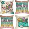 Hello Easter Bunny Eggs Truck Decorative Throw Pillow Covers 16 x 16 Set of 4, Spring Welcome Peeps Retro Porch Outdoor Home Decor, Floral Farmhouse Stripes Holiday Sofa Couch Cushion Case