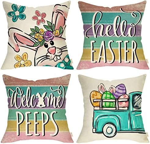 Hello Easter Bunny Eggs Truck Decorative Throw Pillow Covers 16 x 16 Set of 4, Spring Welcome Peeps Retro Porch Outdoor Home Decor, Floral Farmhouse Stripes Holiday Sofa Couch Cushion Case