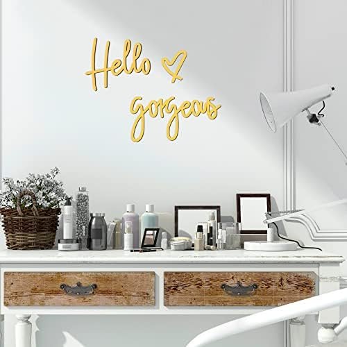 Hello Gorgeous Wall Decor Words Hello Gorgeous Sign 3D Wooden Wall Sign Hello Gorgeous Decor Wall Art for Home Room Office Door Decorations Party Supplies (Gold)