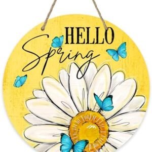 Hello Spring Daisy Flower Yellow Front Door Sign, Floral Blue Butterfly Wood Door Hanger Outdoor Outside Porch Decor, Seasonal Wooden Wreath Indoor Wall Hanging Decoration