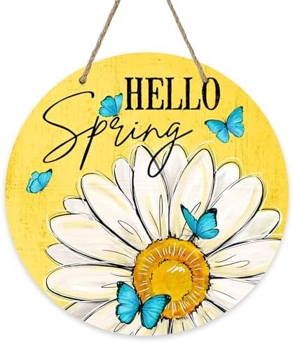 Hello Spring Daisy Flower Yellow Front Door Sign, Floral Blue Butterfly Wood Door Hanger Outdoor Outside Porch Decor, Seasonal Wooden Wreath Indoor Wall Hanging Decoration