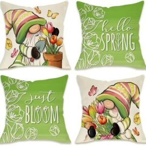 Hello Spring Gnome Decorative Throw Pillow Covers 18 x 18 Set of 4, Just Bloom Tulip Flower Green Porch Patio Outdoor Pillowcase, Floral Pot Butterfly Seasonal Cushion Case Home Decor